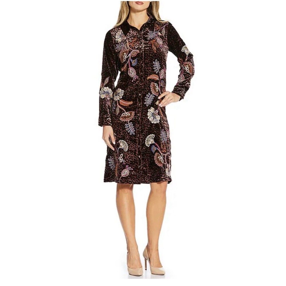 JOHNNY WAS Gineva Embroidered Floral Velvet Shirt Dress Leopard. Size XS